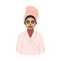 femme noire avec masque cosmétique bio sur le visage. soins de la peau, traitement des rides, boutons. vecteur