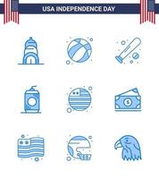 ensemble de 9 icônes de la journée des états-unis symboles américains signes de la fête de l'indépendance pour le drapeau états-unis bouteille de boisson de baseball modifiable éléments de conception de vecteur de la journée des états-unis