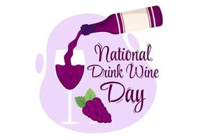 journée nationale du vin de boisson le 18 février avec un verre de raisins et une bouteille dans un dessin animé de style plat illustration de modèles de fond dessinés à la main vecteur