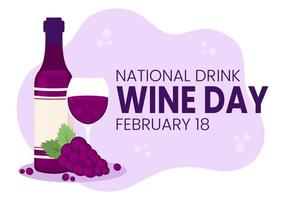 journée nationale du vin de boisson le 18 février avec un verre de raisins et une bouteille dans un dessin animé de style plat illustration de modèles de fond dessinés à la main