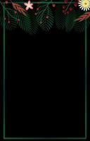 feuilles tropicales fleur et cadre rectangle vert sur fond noir. cartes d'invitation vectorielles avec des branches de brindilles à base de plantes et des cadres de bordure de coins. bannière de fête d'été illustration vectorielle cadre floral vecteur