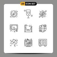 contour de l'interface mobile ensemble de 9 pictogrammes de stylet en verre de tablette de vie définissant des éléments de conception vectoriels modifiables vecteur
