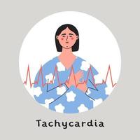 tachycardie, arythmie cardiaque. femme presse sa poitrine avec la main. vecteur