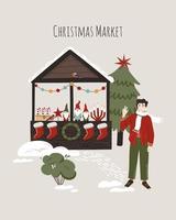 concept de stand de marché de noël avec un homme heureux. illustration d'hiver pour affiche, carte, impression, design. vecteur