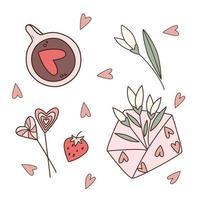 illustrations de couleur vectorielle de doodle de la saint-valentin. cappuccino avec coeur, fleurs, enveloppe, fraise, sucettes. couleur rose et rouge. vecteur