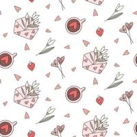 modèle sans couture de doodle saint valentin. fond dessiné à la main de couleur rose et rouge de vecteur, papier d'emballage, étiquettes-cadeaux, conception de cartes de voeux. cappuccino, coeurs, fleurs, enveloppe, fraise. vecteur