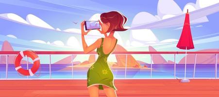 fille faire une photo sur smartphone sur le pont du navire vecteur