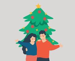 heureux jeune couple, frères et sœurs ou amis de différentes ethnies célébrant noël et le nouvel an à partir de leur arbre de noël décoré. concept de vacances de joyeux noël. illustration vectorielle vecteur