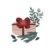 cadeau de noël sous la forme d'une boîte ronde avec un arc rouge, des branches de sapin, des branches aux baies rouges et une fleur de poinsettia. illustration vectorielle plane couleur isolée. pour carte de voeux, affiche, impression vecteur
