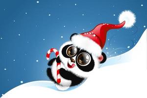 mignon dessin animé moelleux petit panda en bonnet de noel avec une canne en bonbon dans ses pattes descendant la colline vecteur