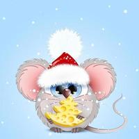 souris drôle de dessin animé en bonnet de noel et arbre à fromage de noël dans ses pattes. vecteur