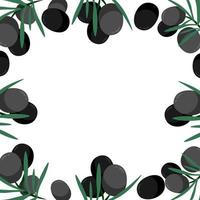 illustration de dessin animé de fruits et de branches d'olives noires isolée sur fond blanc. concept d'aliments sains biologiques frais colorés de vecteur. conception de bannière de marque de logo. cadre de bordure. vecteur