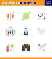 prévention du virus corona covid19 conseils pour éviter les blessures 9 icône de couleur plate pour la présentation lotion désinfectante transfert médical coronavirus viral humain 2019nov éléments de conception de vecteur de maladie