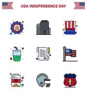 usa independance day plat rempli ligne ensemble de 9 pictogrammes usa de jour papier chapeau cola boisson modifiable usa day vector design elements