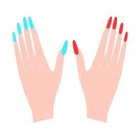 illustration vectorielle de deux mains féminines avec des ongles rouges et bleus sur fond blanc. parfait pour les logos de beauté, de salon et de crème blanchissante. vecteur