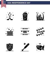 pack de 9 signes de glyphes solides de célébration de la fête de l'indépendance des états-unis et symboles du 4 juillet tels que le tambour de l'indépendance independece day repère modifiable usa day vector design elements