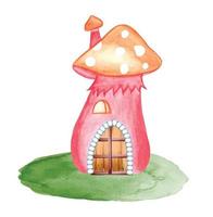 illustration de maison de gnome magique à l'aquarelle, maison de jardin féerique fantastique avec porte en bois et feuilles vertes pour illustration de dessin animé, cartes, invitations, t-shirts vecteur