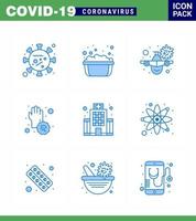 9 pack d'icônes coronavirus bleu covid19 tel que la maladie covid virus de l'eau savonneuse avertissement coronavirus viral 2019nov éléments de conception de vecteur de maladie