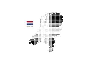 Carte en pointillés pixel carré vectoriel des pays-bas isolé sur fond blanc avec le drapeau des pays-bas.
