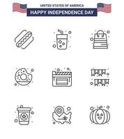 gros pack de 9 usa joyeux jour de l'indépendance usa lignes vectorielles et symboles modifiables de films sac de nourriture beignet délicieux éléments de conception vectoriels modifiables usa day vecteur