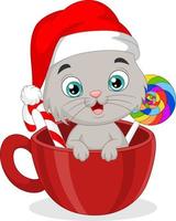 dessin animé de chat mignon à l'intérieur d'une tasse rouge avec des bonbons