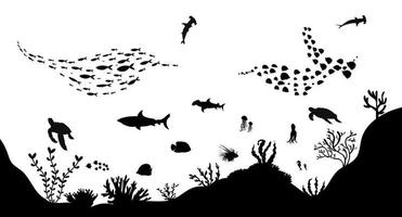 silhouette de récif corallien avec des poissons sur fond de mer blanche illustration vectorielle sous-marine vecteur