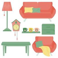 mobilier de salon - canapé, fauteuil, table basse, lampadaire, étagère, horloge murale, oreillers, plaid, tasses. illustration vectorielle. vecteur