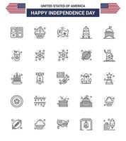 25 usa line pack de signes et symboles de la fête de l'indépendance de la carte de la ville verte usa chrysler modifiables usa day vector design elements