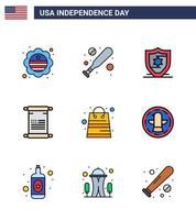 joyeux jour de l'indépendance usa pack de 9 lignes créatives remplies à plat de sac de protection de l'argent de la boutique américain modifiable usa day vector design elements