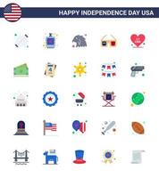 pack de 25 signes d'appartements de célébration de la fête de l'indépendance des états-unis et symboles du 4 juillet tels que le coeur imerican hip glasses eagle modifiable usa day vector design elements