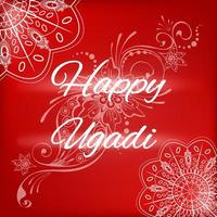 joyeux ugadi, salutation du festival du nouvel an hindou. mandalas ethniques indiens blancs de style kolam rangoli, motif cachemire floral sur fond rouge foncé pour impression, carte, affiche, web vecteur