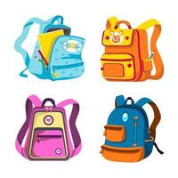sacs à dos scolaires et préscolaires pour enfants, différentes couleurs, angles avant, vue latérale, ouverts et fermés. sacs à dos colorés avec manuels, cahiers, crayons. jeu de dessin animé de vecteur