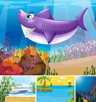 quatre scènes différentes de plage tropicale et sous-marine avec creater marin vecteur