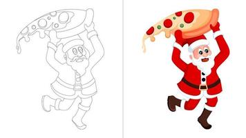 joyeux père noël sautant avec une tranche de pizza géante, page de coloriage pour les enfants. vecteur