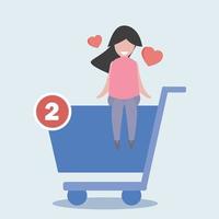 jolie fille ou femme s'asseoir sur le vecteur d'icône de panier d'achat en ligne avec se sentir heureux heart.vector illustration fille avec panier utiliser pour la vente d'achats en ligne décorer festival le jour de noël ou le nouvel an