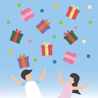 noël jour fond vecteur joyeux joli couple ou enfants avec boîte cadeau de pluie et enfant fille et garçon célébration shopping en ligne amour bannière décoration noël jour boutique en ligne conception illustration.