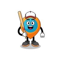 dessin animé de mascotte de symbole de localisation en tant que joueur de baseball