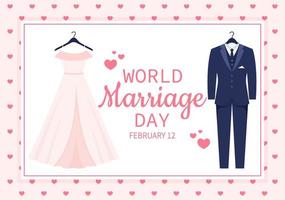 journée mondiale du mariage le 12 février avec le symbole de l'amour pour souligner la beauté et la loyauté d'un partenaire dans l'illustration de modèles dessinés à la main de dessin animé plat vecteur