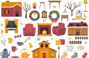 éléments décoratifs de noël et du nouvel an. décor mignon de maisons de noël, meubles. illustration vectorielle vecteur