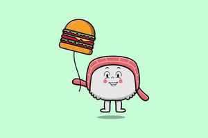 sushi de dessin animé mignon flottant avec ballon burger vecteur