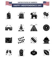 16 icônes créatives des États-Unis signes d'indépendance modernes et symboles du 4 juillet de lunettes âne américain mouche bloon éléments de conception vectoriels modifiables de la journée des États-Unis vecteur