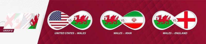 matchs de l'équipe nationale du pays de Galles dans le groupe b, compétition de football 2022, icône de tous les jeux en phase de groupes. vecteur