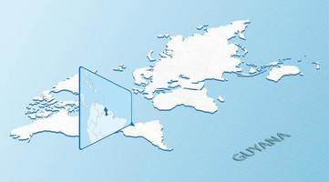 carte du monde en style isométrique avec carte détaillée de la guyane. carte guyane bleu clair avec carte du monde abstraite. vecteur
