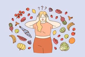 stress, régime, concept de perte de poids. grosse fille en costume de fitness voulant commencer un régime et une alimentation saine mais doutant de la variété des aliments et des ingrédients pour acheter une illustration vectorielle vecteur