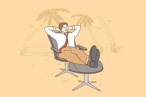 vacances, repos du travail et concept d'entreprise. jeune homme d'affaires souriant personnage de dessin animé relaxant sur une chaise de bureau à la plage pendant les vacances week-end ou rêvant d'illustration vectorielle de détente vecteur