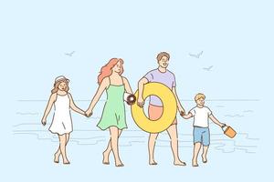 voyager, profiter de vacances avec le concept de famille. famille heureuse mère père et enfants s'amusant ensemble au bord de la mer sur la plage pendant le voyage illustration vectorielle vecteur