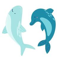ensemble de mammifères marins baleines bleues, requins, cachalots, dauphins, bélugas, épaulards narvals. graphiques vectoriels de dessin animé vecteur