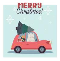 carte de joyeux noël, voiture de dessin animé rouge avec sapin de noël, ours blanc conduisant une voiture vecteur