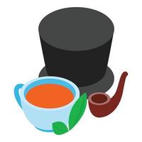 vecteur isométrique d'icône de symbole anglais. chapeau haut de forme noir pipe et tasse de thé