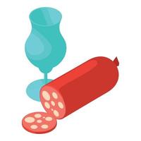 vecteur isométrique d'icône d'apéritif. bâton de saucisse hachée et icône de verre de vin